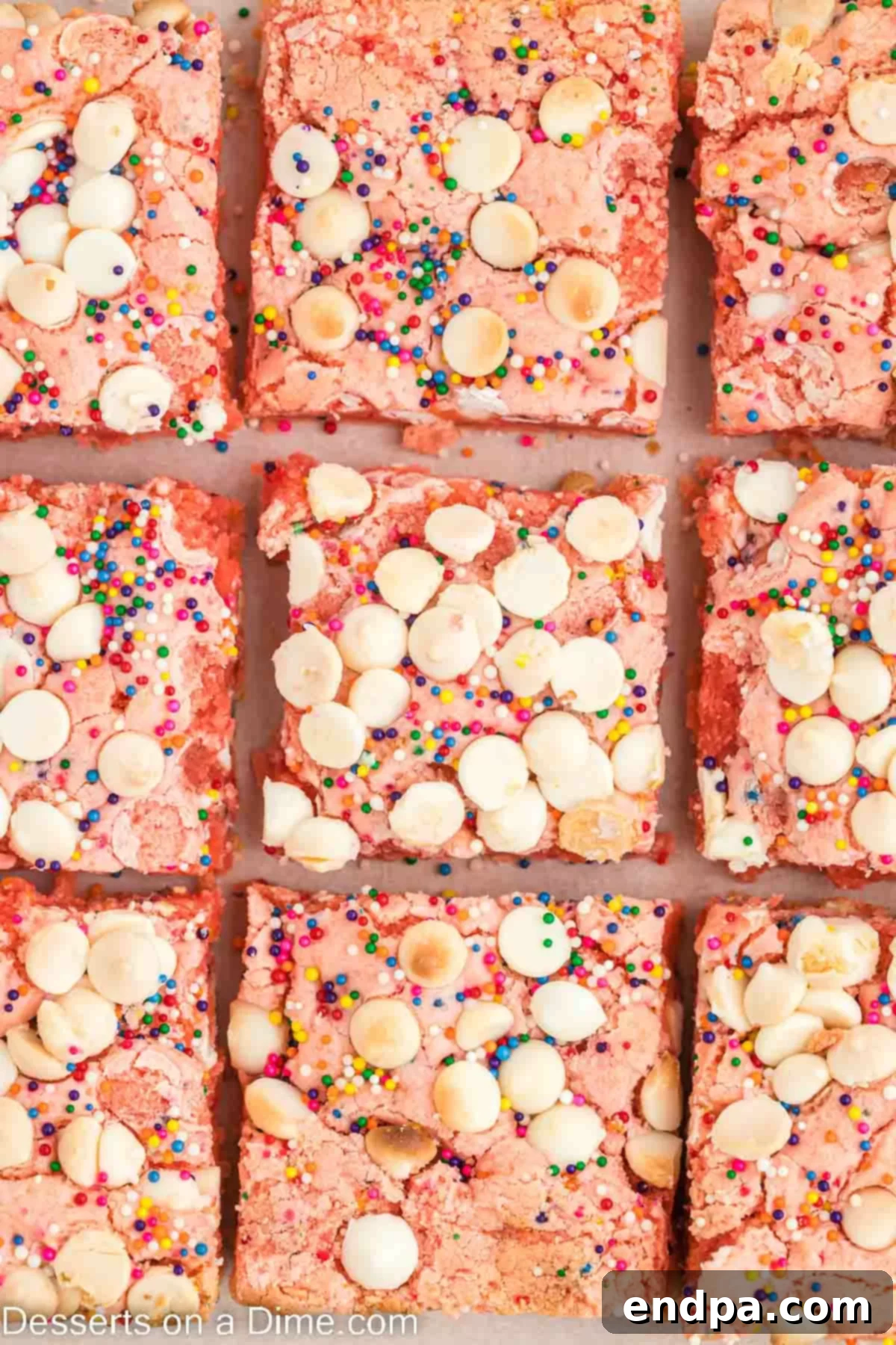 Fudgy Strawberry Cake Mix Brownies cut into perfect squares, ready to serve.