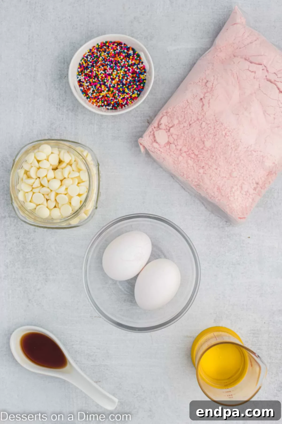 A selection of ingredients for Strawberry Cake Mix Brownies, including a box of strawberry cake mix, eggs, vanilla extract, white chocolate chips, and colorful sprinkles.