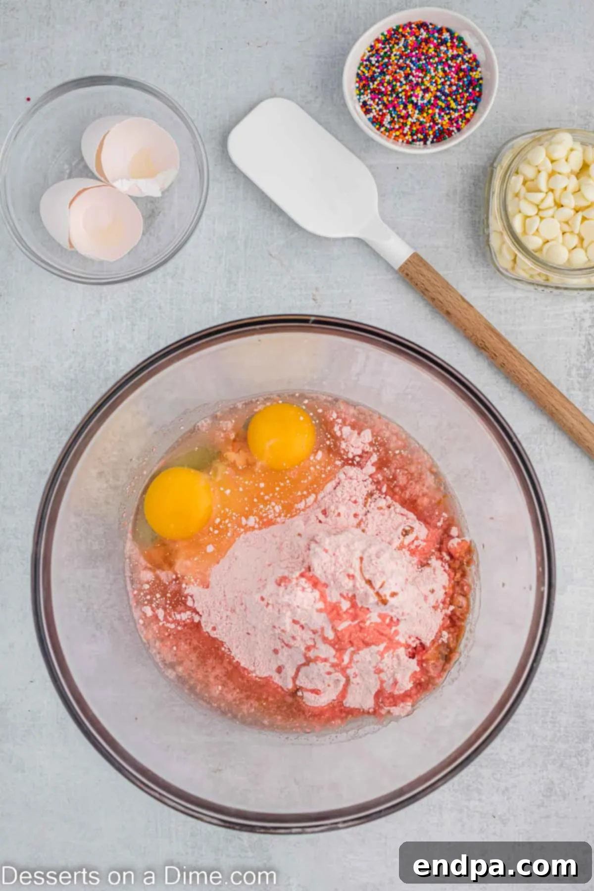 A mixing bowl filled with strawberry cake mix, vegetable oil, and eggs, ready to be combined.