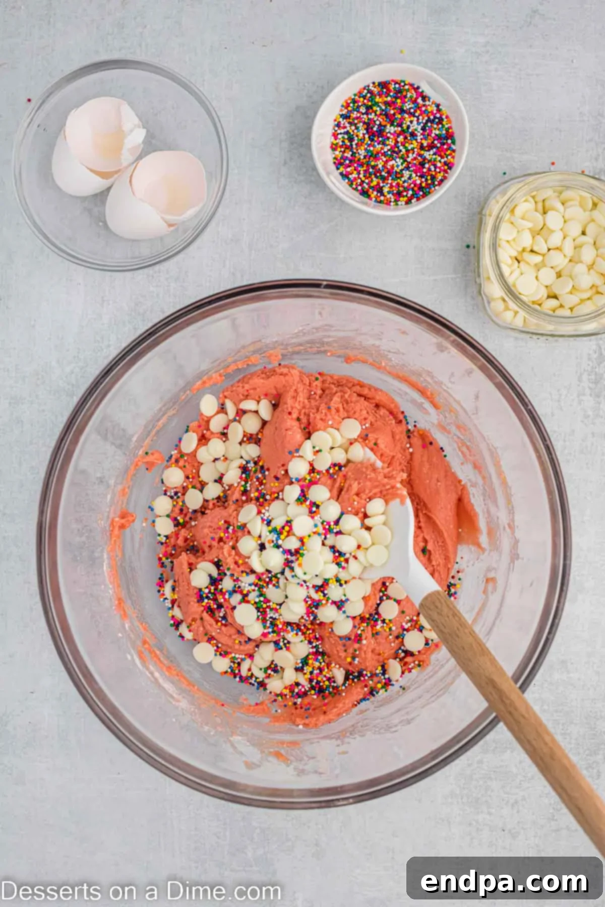 White chocolate chips and sprinkles being folded into the thick strawberry brownie dough.