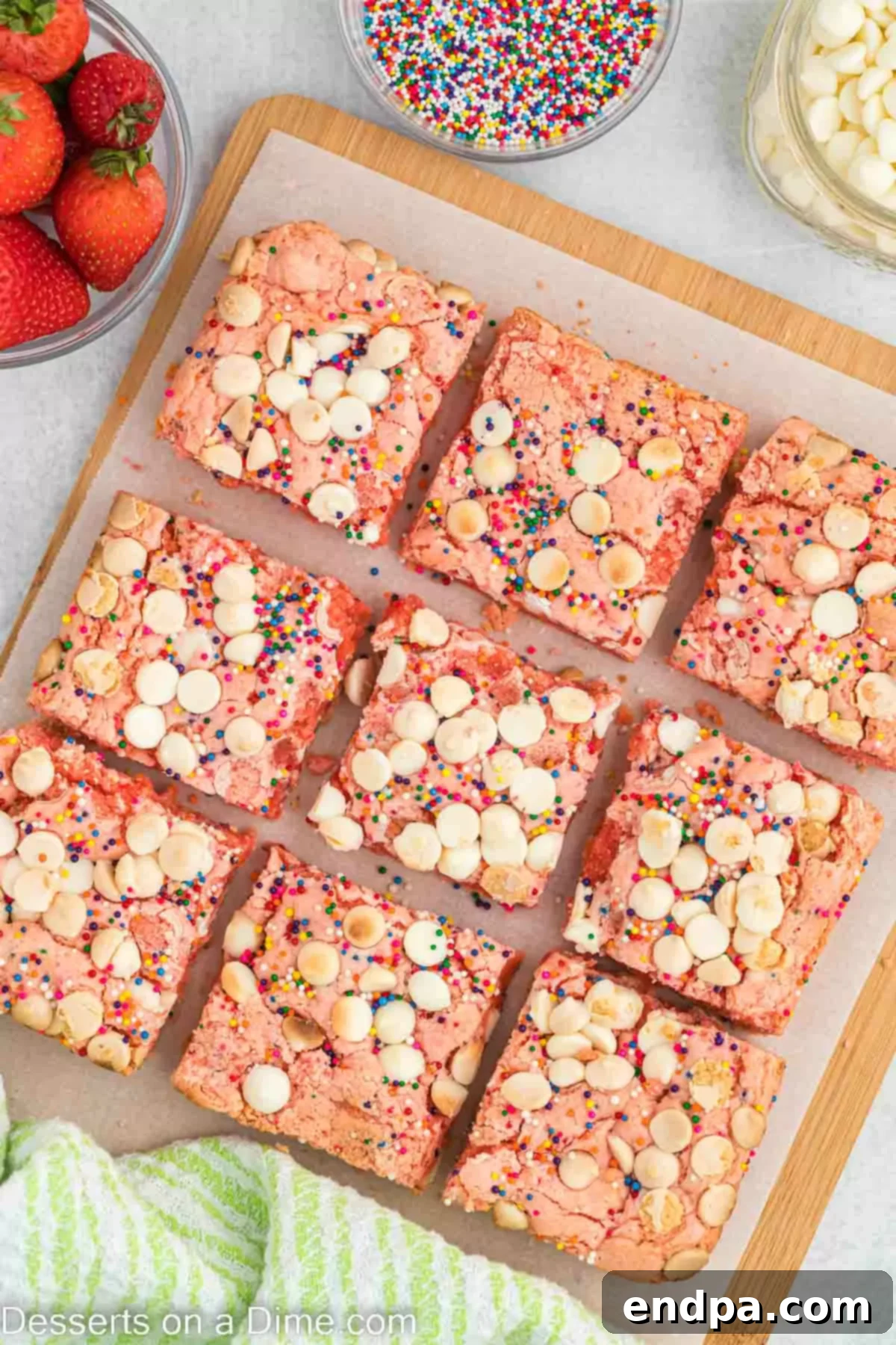 Freshly baked Strawberry Cake Mix Brownies, cooled and neatly cut into squares on a serving plate.