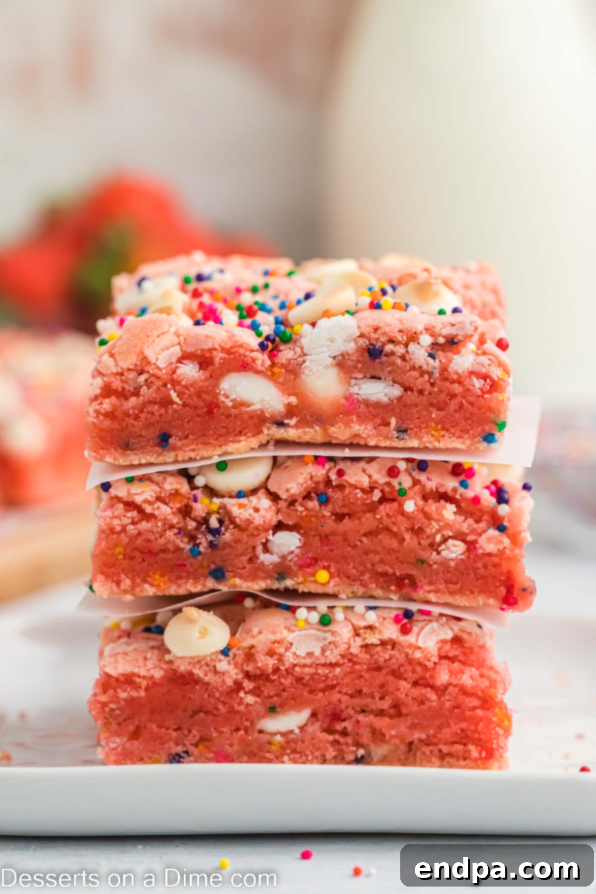 A close-up of a square Strawberry Cake Mix Brownie, showcasing its pink interior and white chocolate chips.