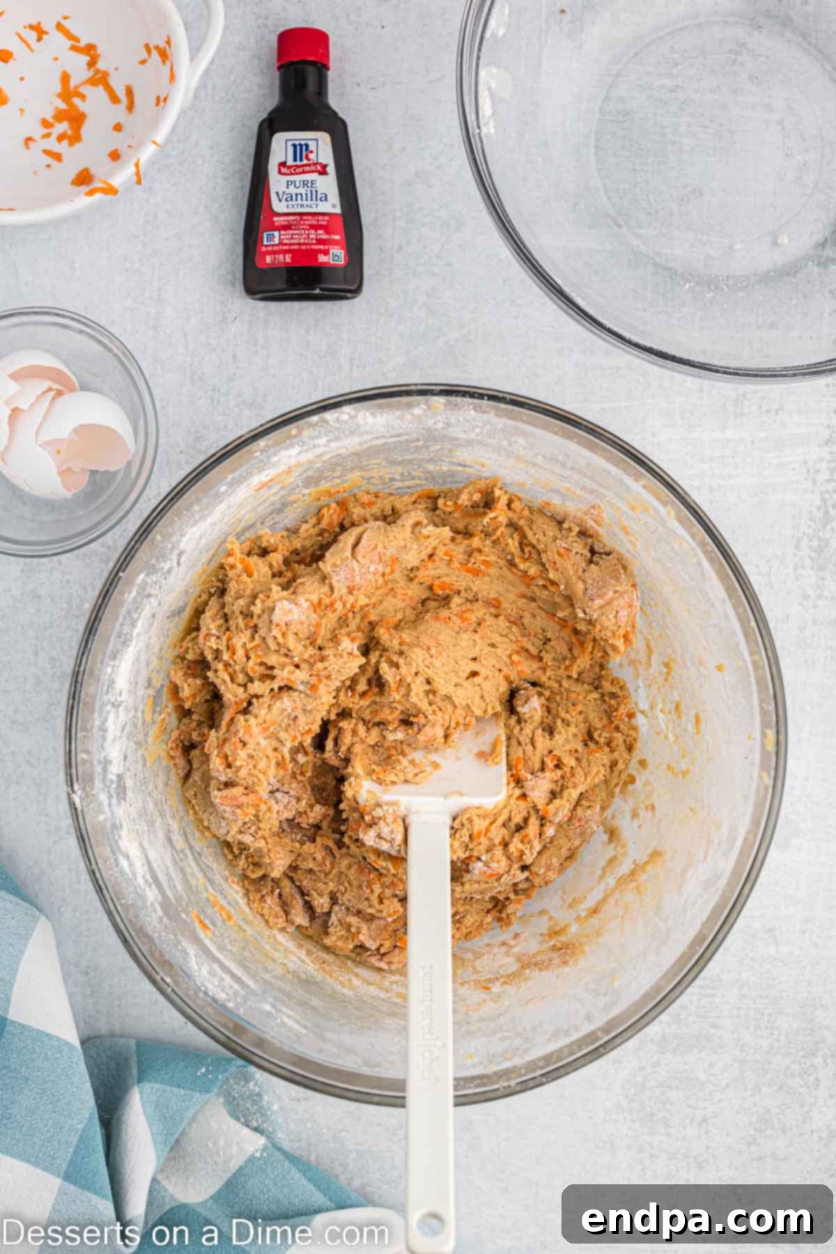 Flour mixture folded into wet ingredients. 
