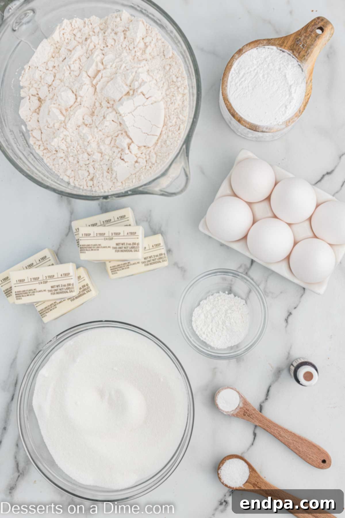 Touchdown Sugar Cookies 3 A visual guide displaying all the essential ingredients needed for baking football sugar cookies, including flour, baking powder, salt, butter, sugar, eggs, powdered sugar, cream of tartar, and brown food coloring.