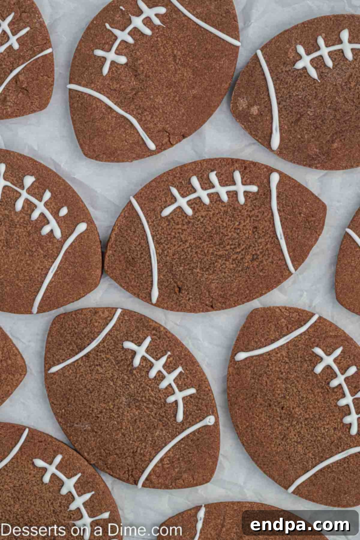 Championship Chocolate Football Cookies 11 Decorated chocolate football cookies with white icing laces, ready to be served and enjoyed.