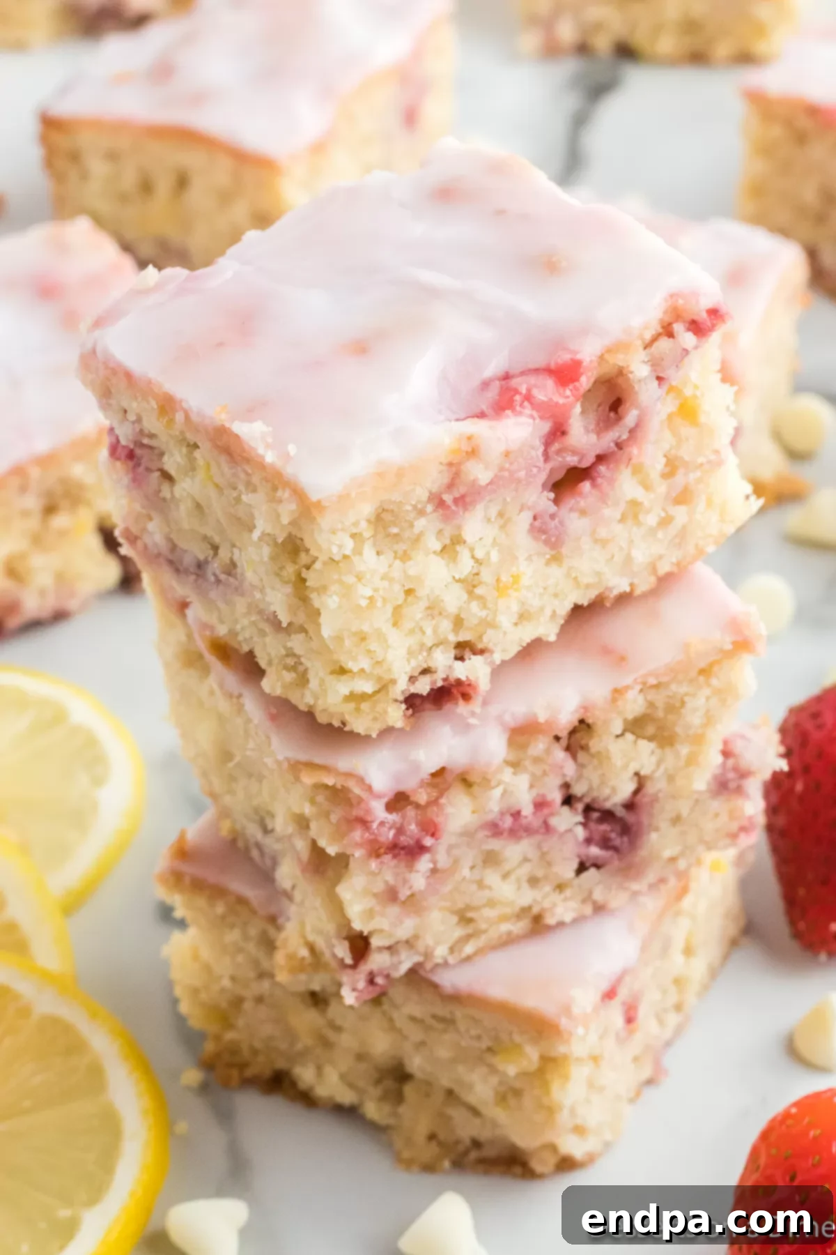 Stack of freshly baked and glazed Strawberry Lemon Blondies, showcasing their moist interior and delicious topping.