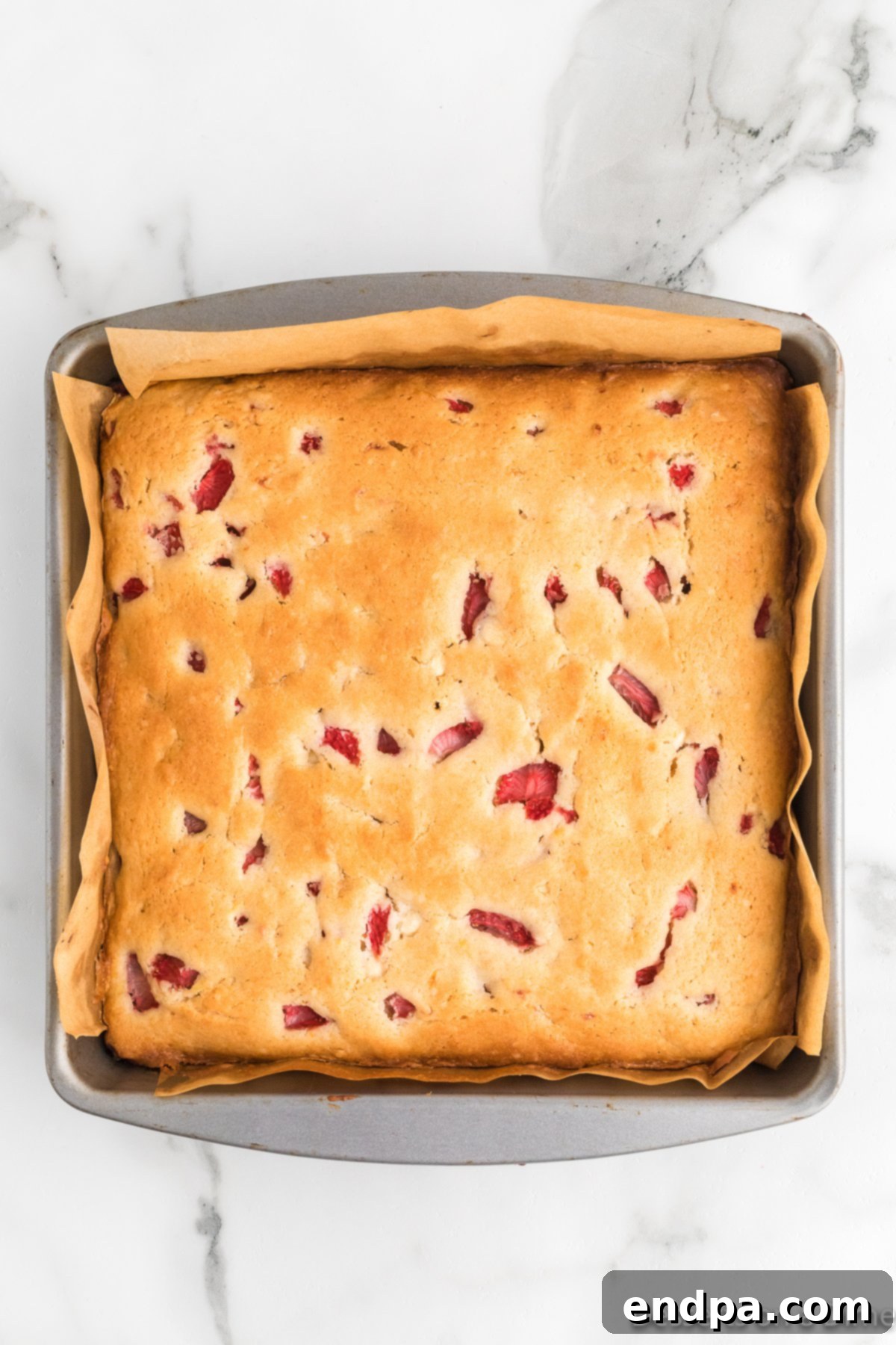 Baked blondies in the pan, showing golden-brown edges after coming out of the oven.