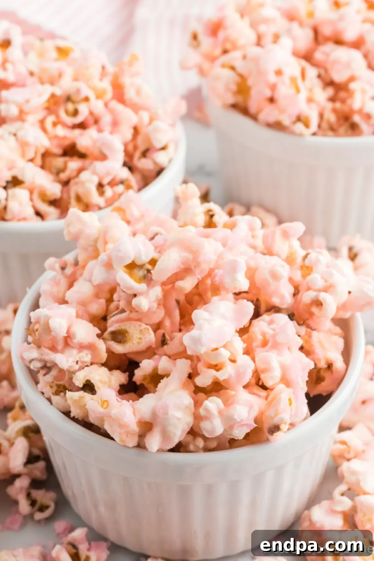 A large bowl filled with vibrant pink popcorn, ready to be enjoyed as a sweet treat or party snack.
