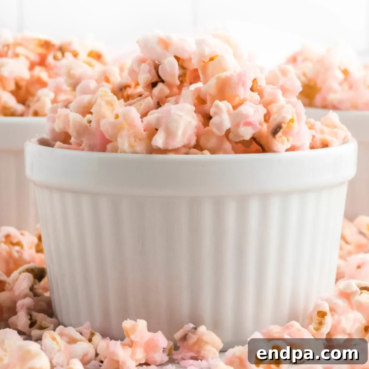 A bowl of freshly made pink popcorn with a slightly shiny candy coating, ready to be eaten.
