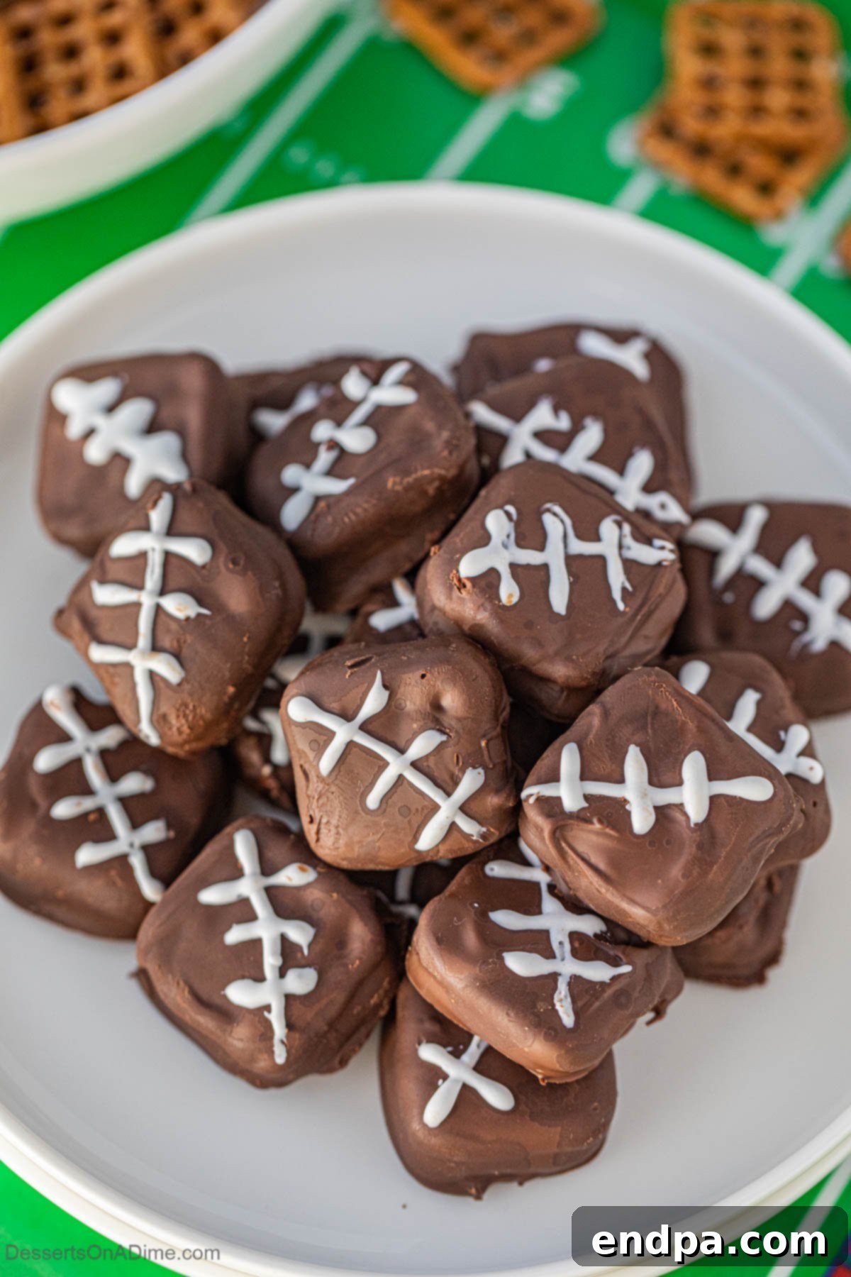 Finished Chocolate Covered Pretzel Cookies arranged neatly on a platter.