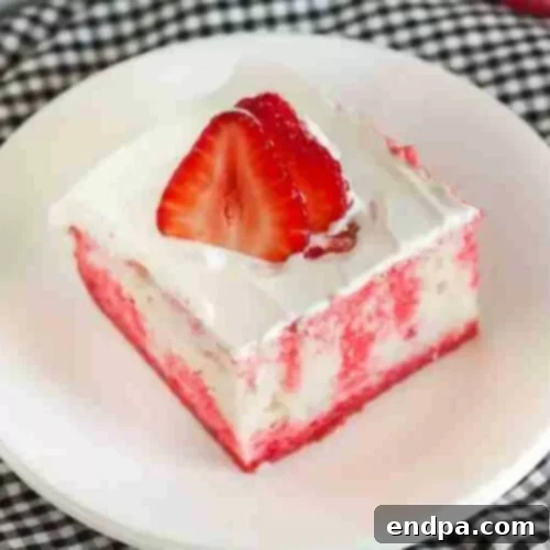 Love Baked Delights 6 Strawberry Jello Poke Cake with pink jello swirls.