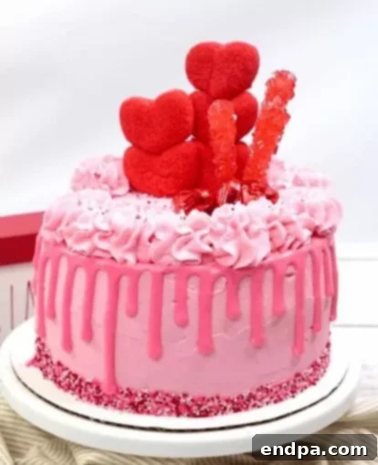 Love Baked Delights 27 Valentine’s Day Candy Heart Cake decorated with candy hearts.