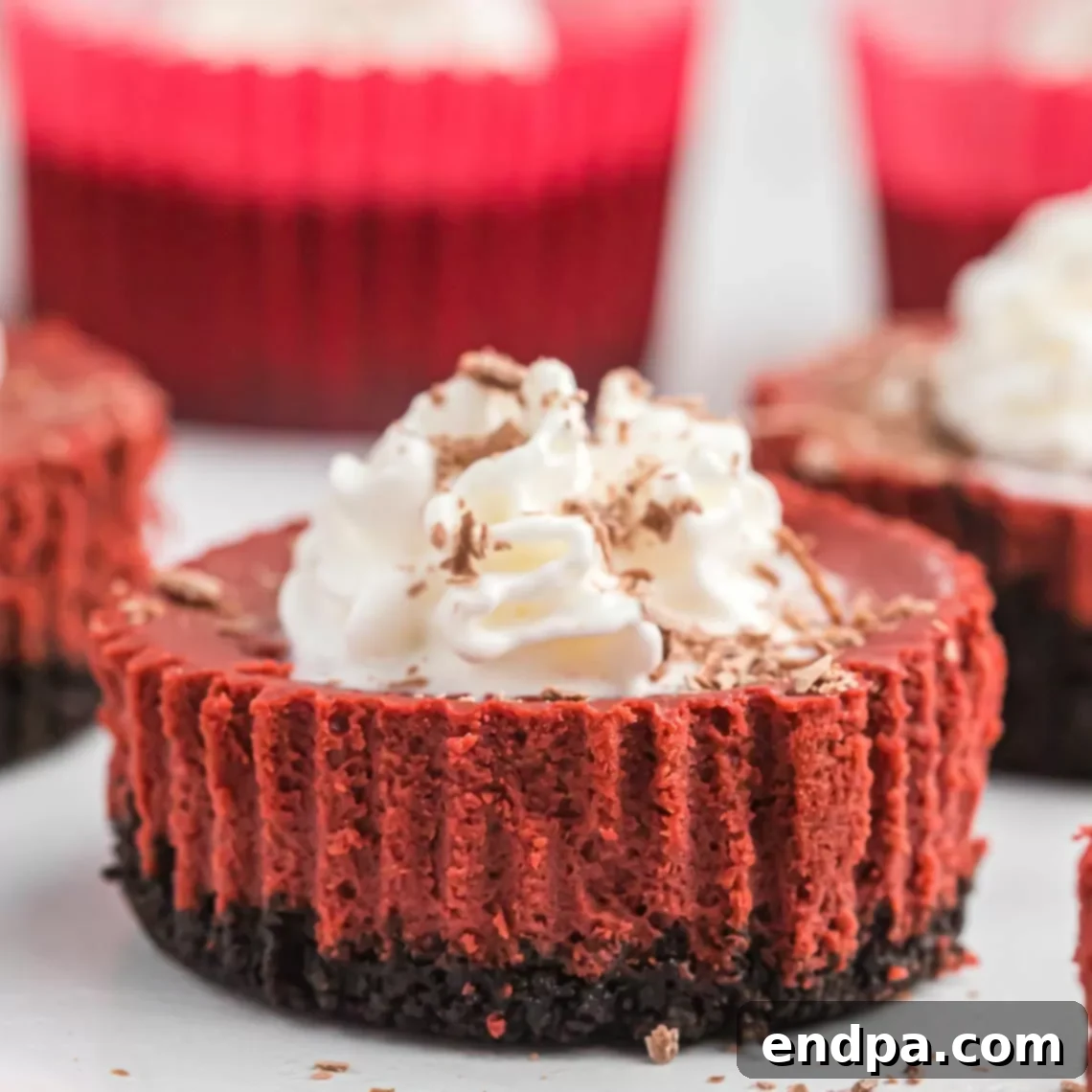 Petite Red Velvet Cheesecakes 10 Mini red velvet cheesecake ready to serve.