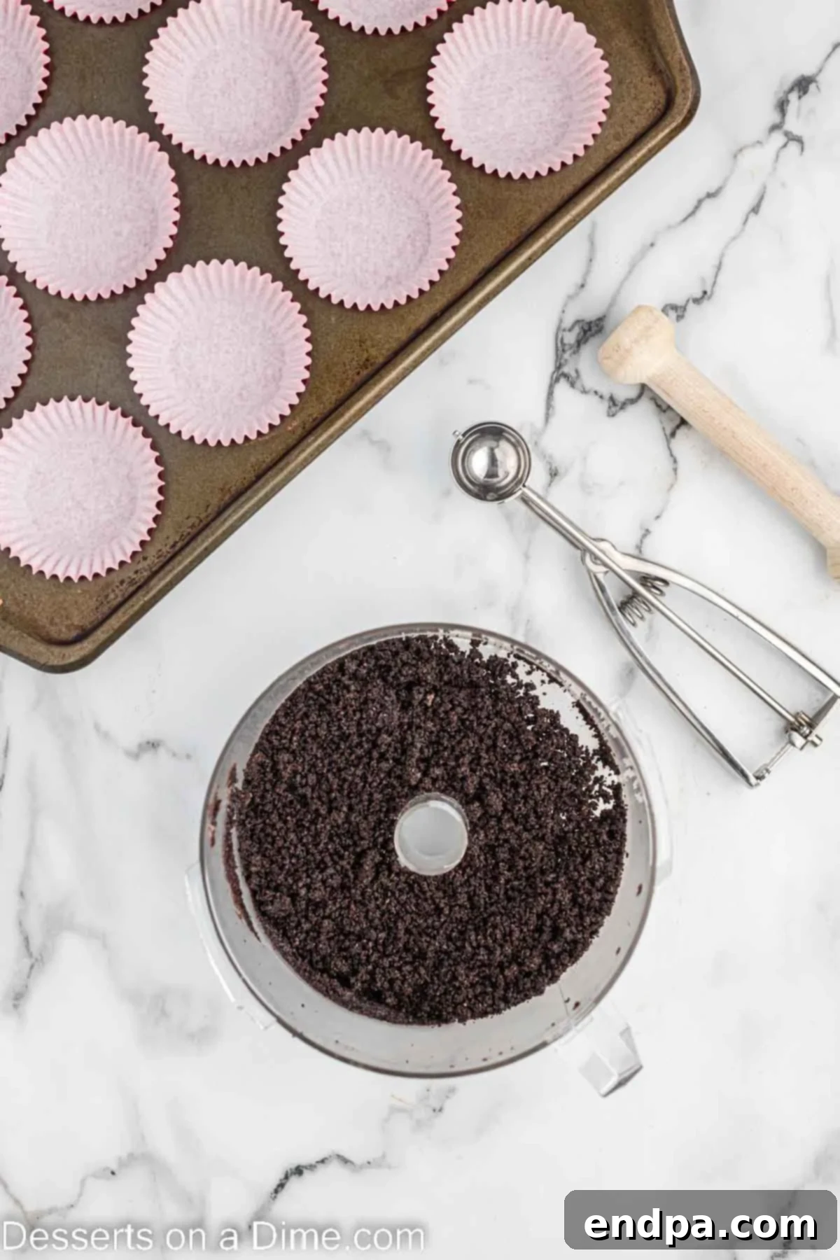 Petite Red Velvet Cheesecakes 4 Cookies crushed in food processor.