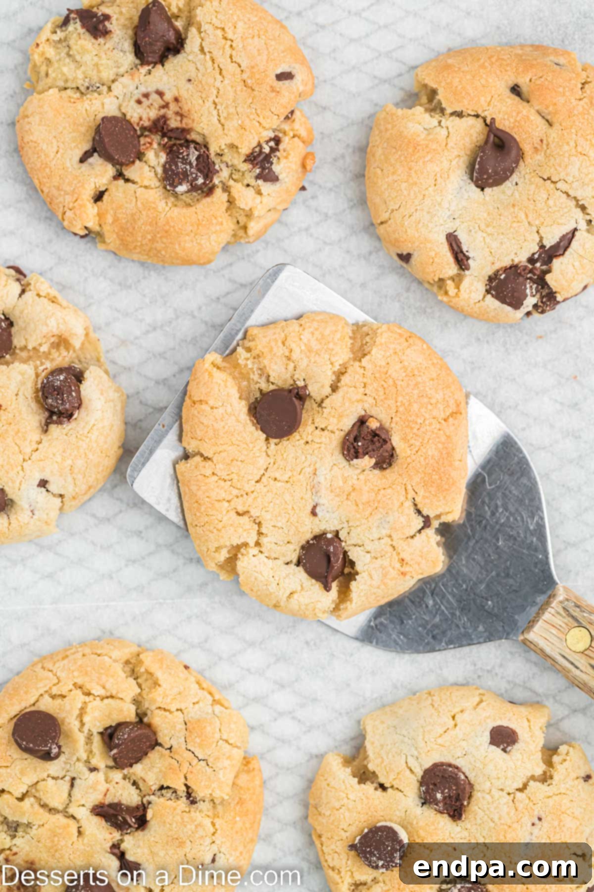 Golden brown air fryer chocolate chip cookies cooling on a wire rack.