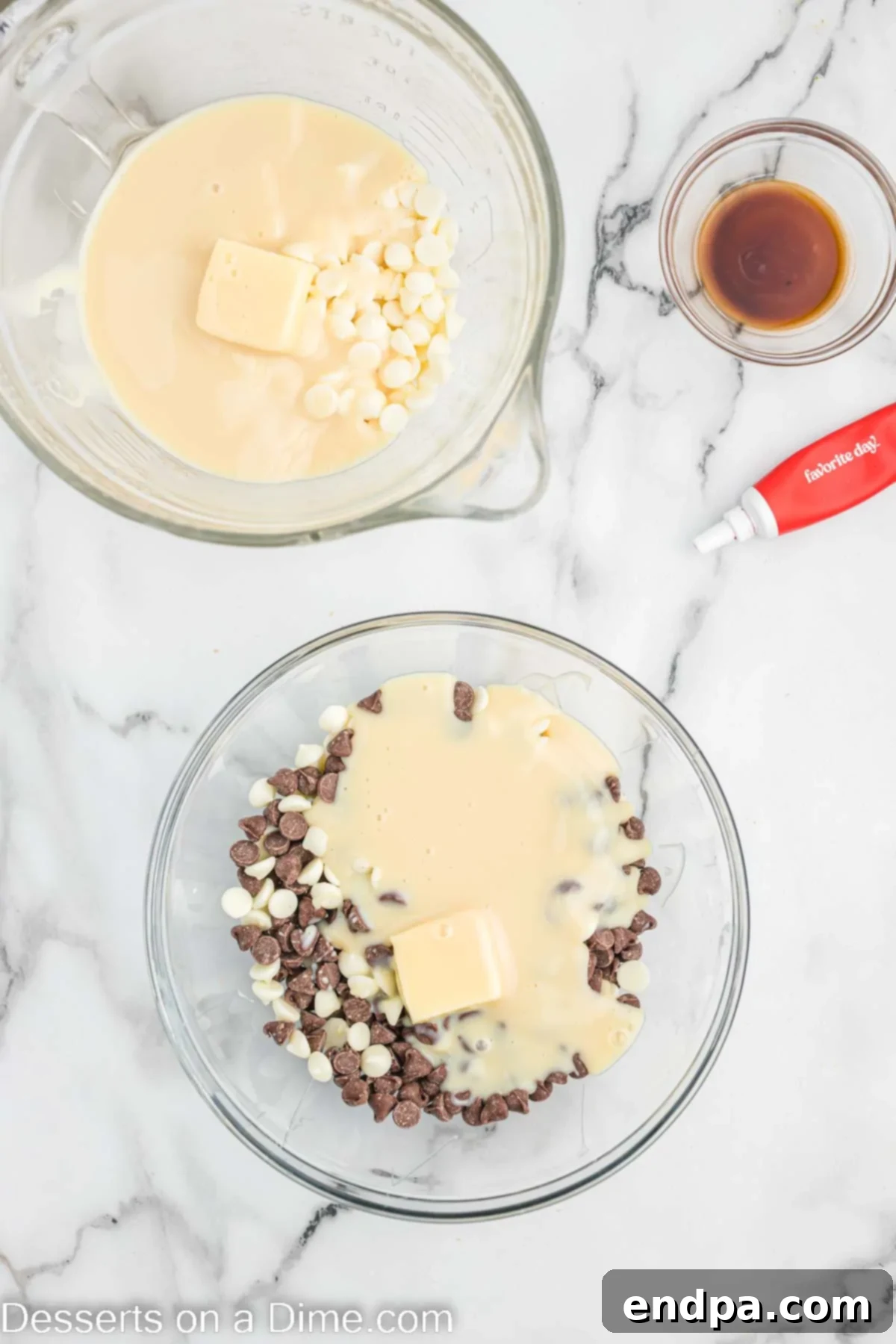 Microwave-safe bowl filled with white chocolate chips, butter, and sweetened condensed milk, ready for melting.