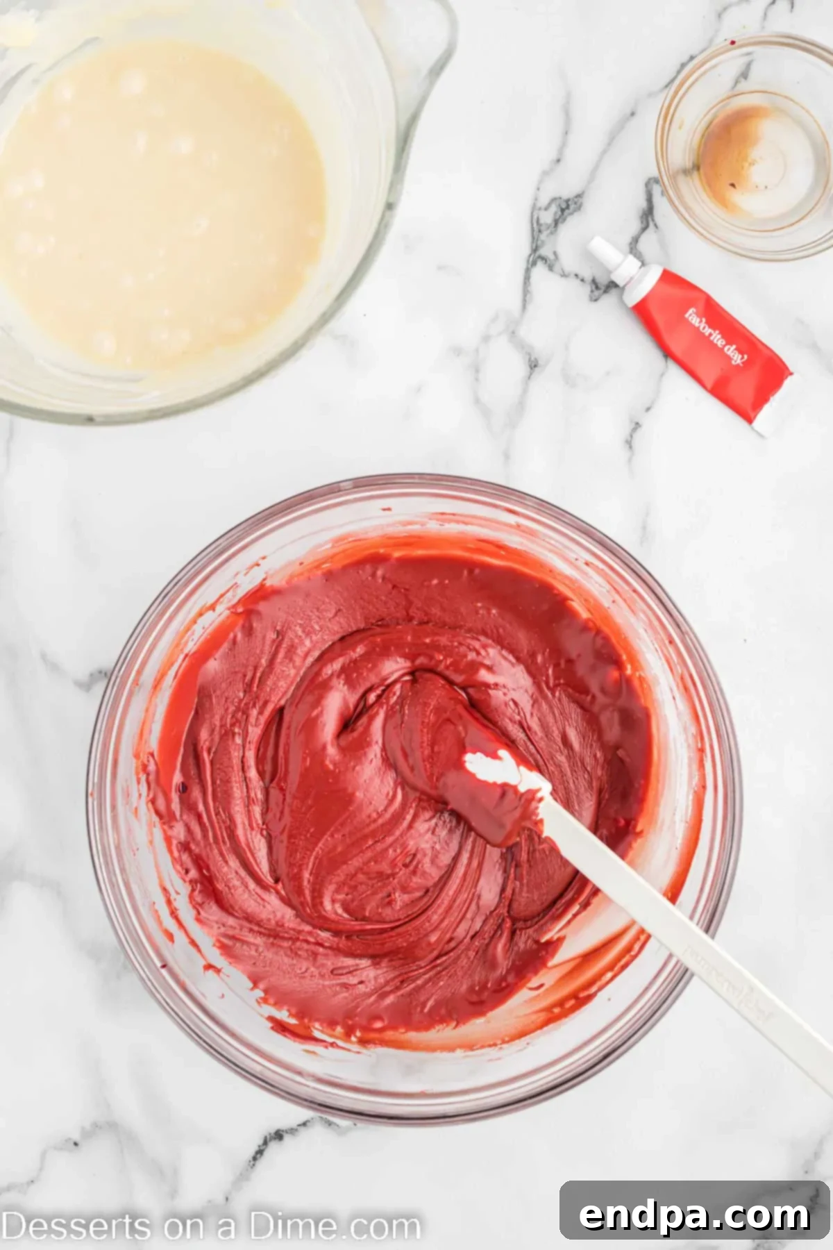 Red food coloring expertly mixed into melted chocolate in a bowl, creating a rich red velvet color.