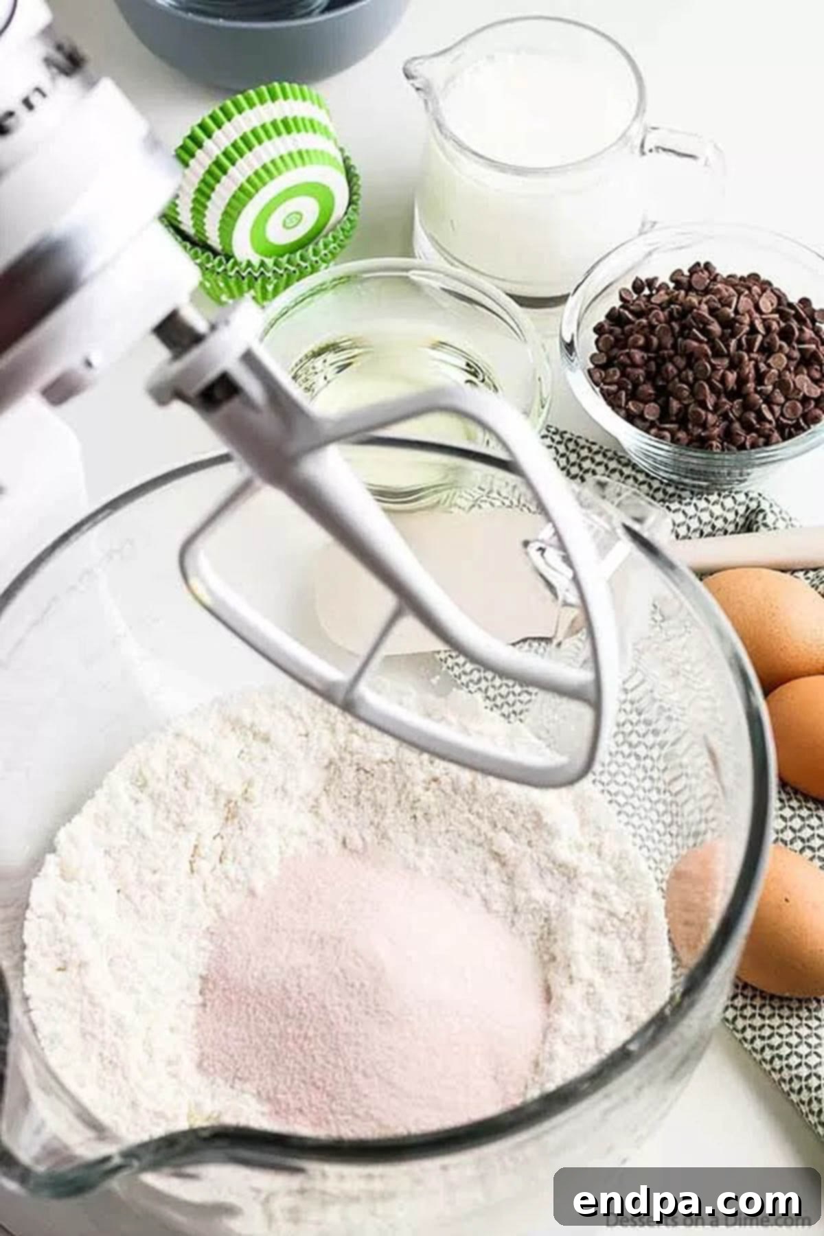 Watermelon Splash Cupcakes 2 Dry ingredients in mixing bowl, white cake mix and watermelon jello.