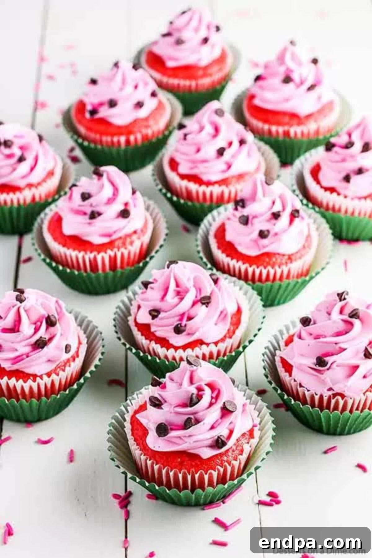 A close-up of our irresistible watermelon cupcakes, ready for a bite! Close up image of beautifully frosted watermelon cupcakes with chocolate chips.