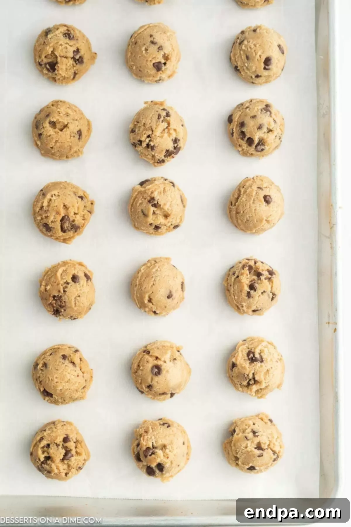 Effortless Cookie Prep: Freezing Dough for Later 2 Cookie dough balls neatly arranged on a parchment-lined baking sheet, ready for flash freezing.