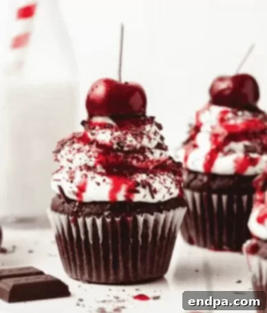 Sweet Valentines Cupcake Creations 17 Black Forest Cupcakes with chocolate, cherry, and whipped cream.