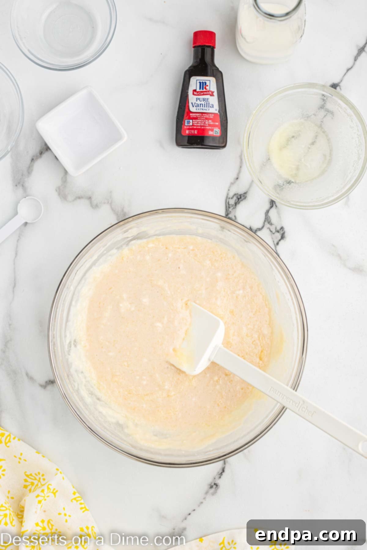 Combine dry ingredients and then mix in milk and vanilla extract