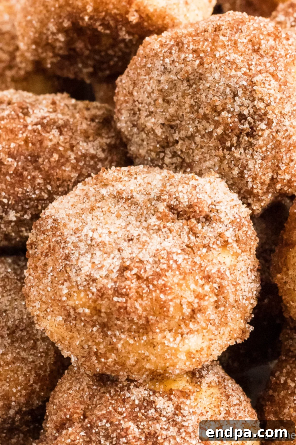 Air Fryer Donut Poppers 2 Air fryer donut holes in a pile, perfectly golden brown and coated in cinnamon sugar.