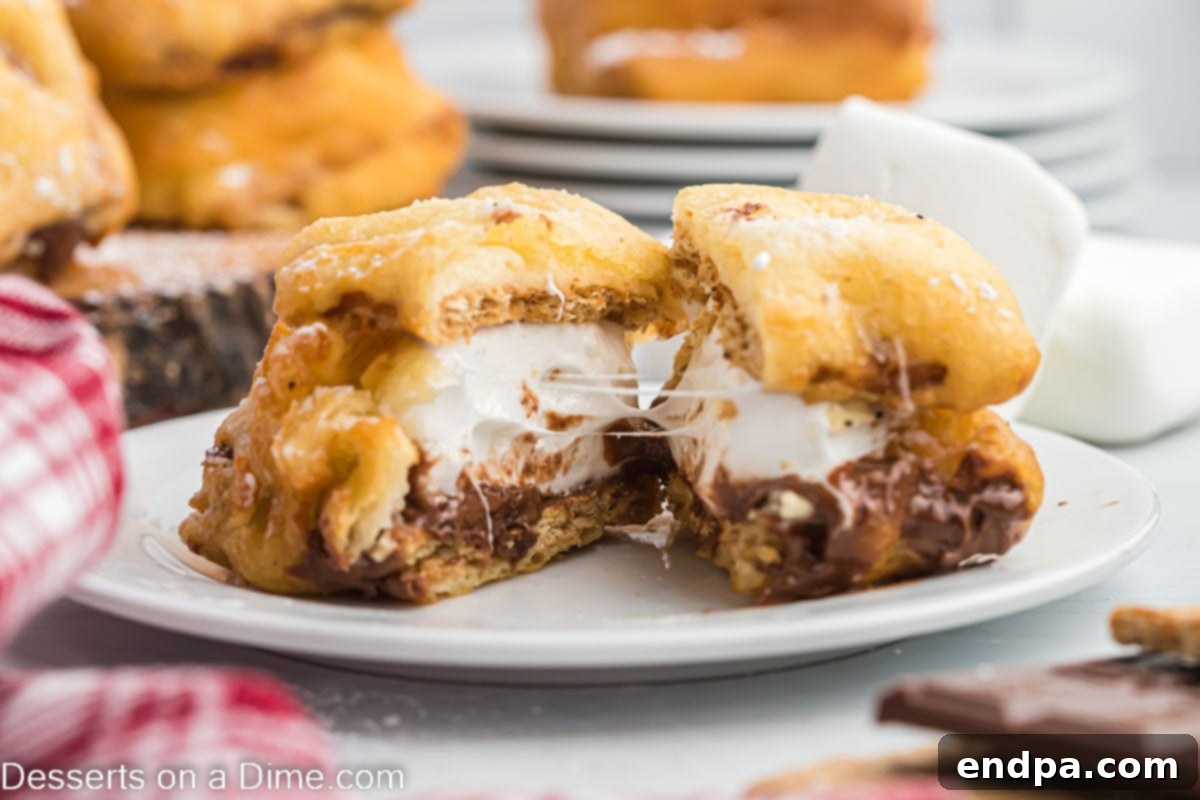 Crispy Golden Smores Delight 2 Platter of perfectly golden-brown Deep Fried S'mores, dusted with powdered sugar.