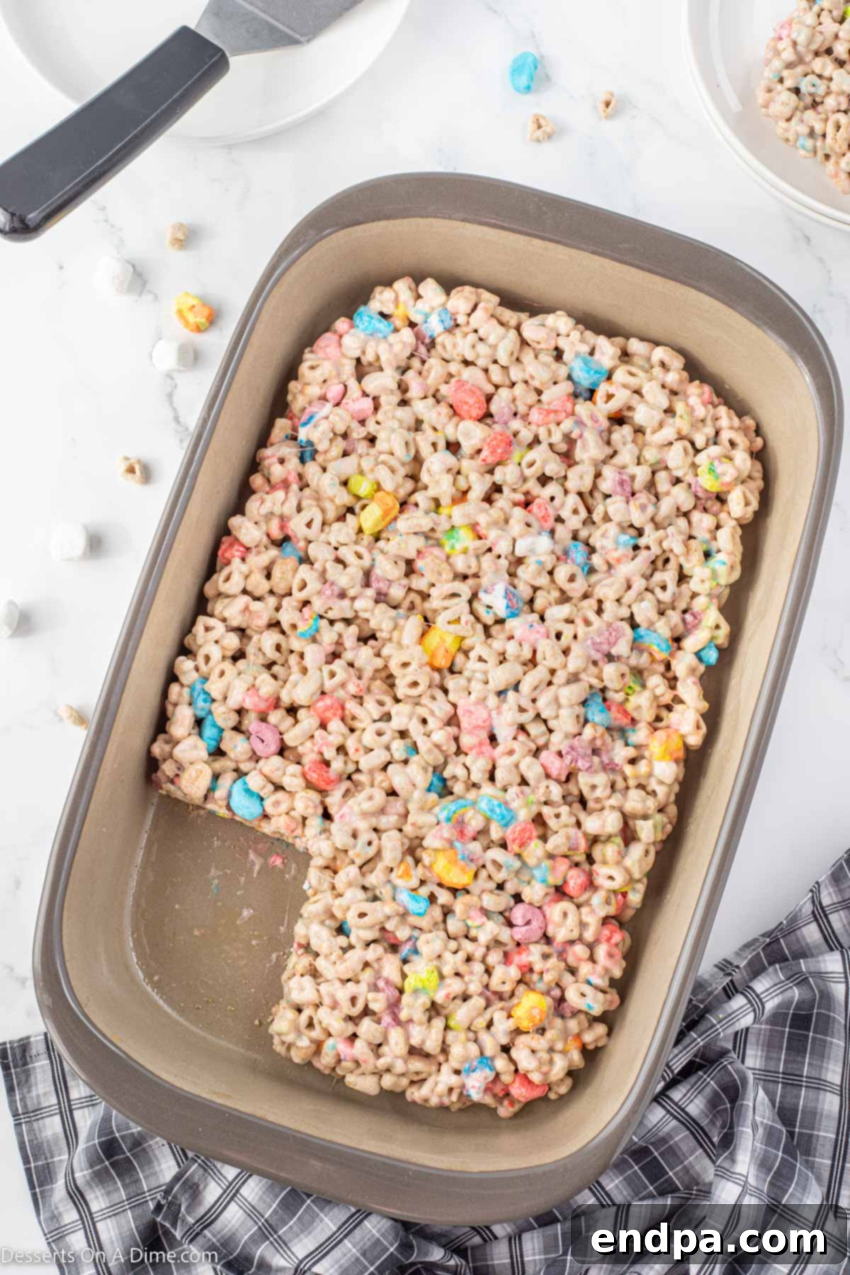 Finished Lucky Charm Treats, cut into neat squares and arranged for serving.