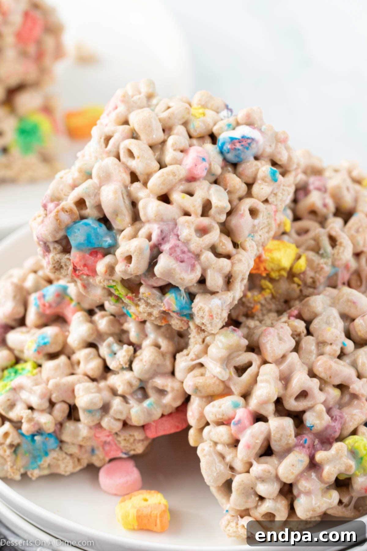 Close-up of Lucky Charm Treats cut into perfect squares, showcasing the colorful marshmallows and gooey texture.