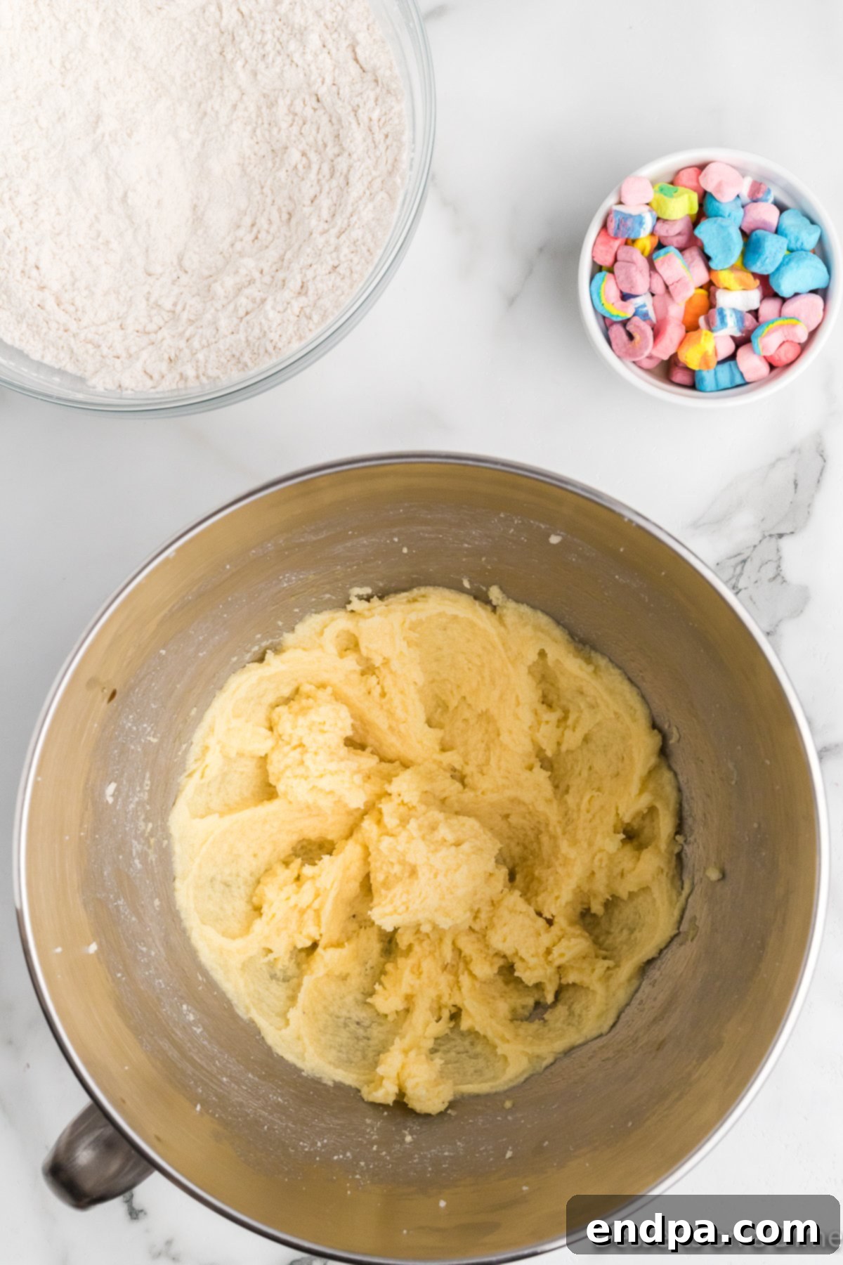 Wet and dry ingredients combined in bowl. 