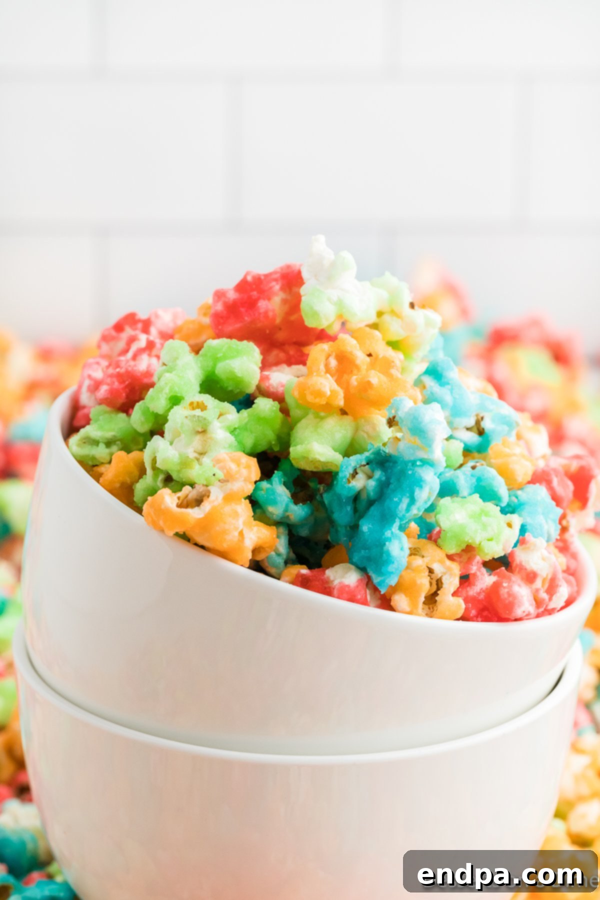 Rainbow Jello Popcorn Delight 2 Jello popcorn in a bowl. Each kernel is coated in a vibrant, colorful, and glossy Jello candy shell, showcasing a mix of red, green, and blue hues. The popcorn fills a clear glass bowl, creating an inviting and festive appearance. The background is softly blurred, keeping the focus on the delightful snack.