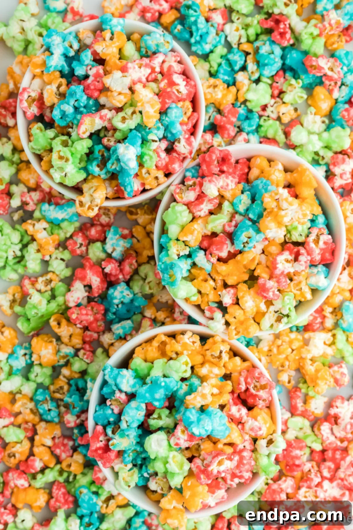 Rainbow Jello Popcorn Delight 8 Jello popcorn in a bowl. A clear glass bowl filled to the brim with vibrant, multi-colored Jello popcorn. The kernels are coated in a glossy, sweet candy shell, showcasing bright hues of red, blue, and green, creating an inviting and festive appearance for a delightful sweet treat.