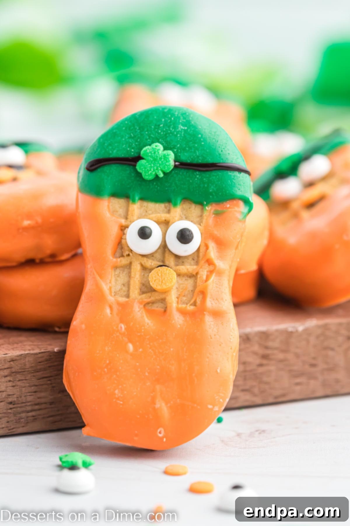 Lucky Leprechaun Bites 2 Close-up of charming Leprechaun cookies, featuring green hats, orange beards, candy eyes, and shamrock sprinkles.