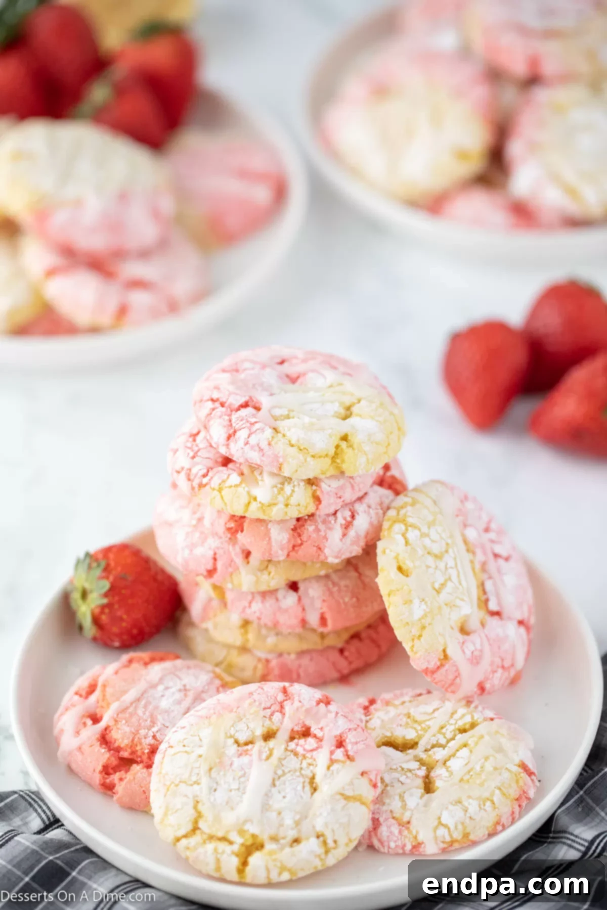 Tangy Strawberry Lemonade Cookies 10 A close-up shot of several Strawberry Lemonade Cookies on a platter, showing off their delicate swirl and glistening white glaze.