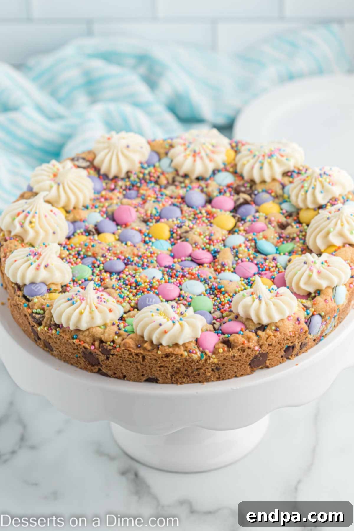Easter Cookie Cake decorated with pastel colors on a cake stand, vibrant and inviting
