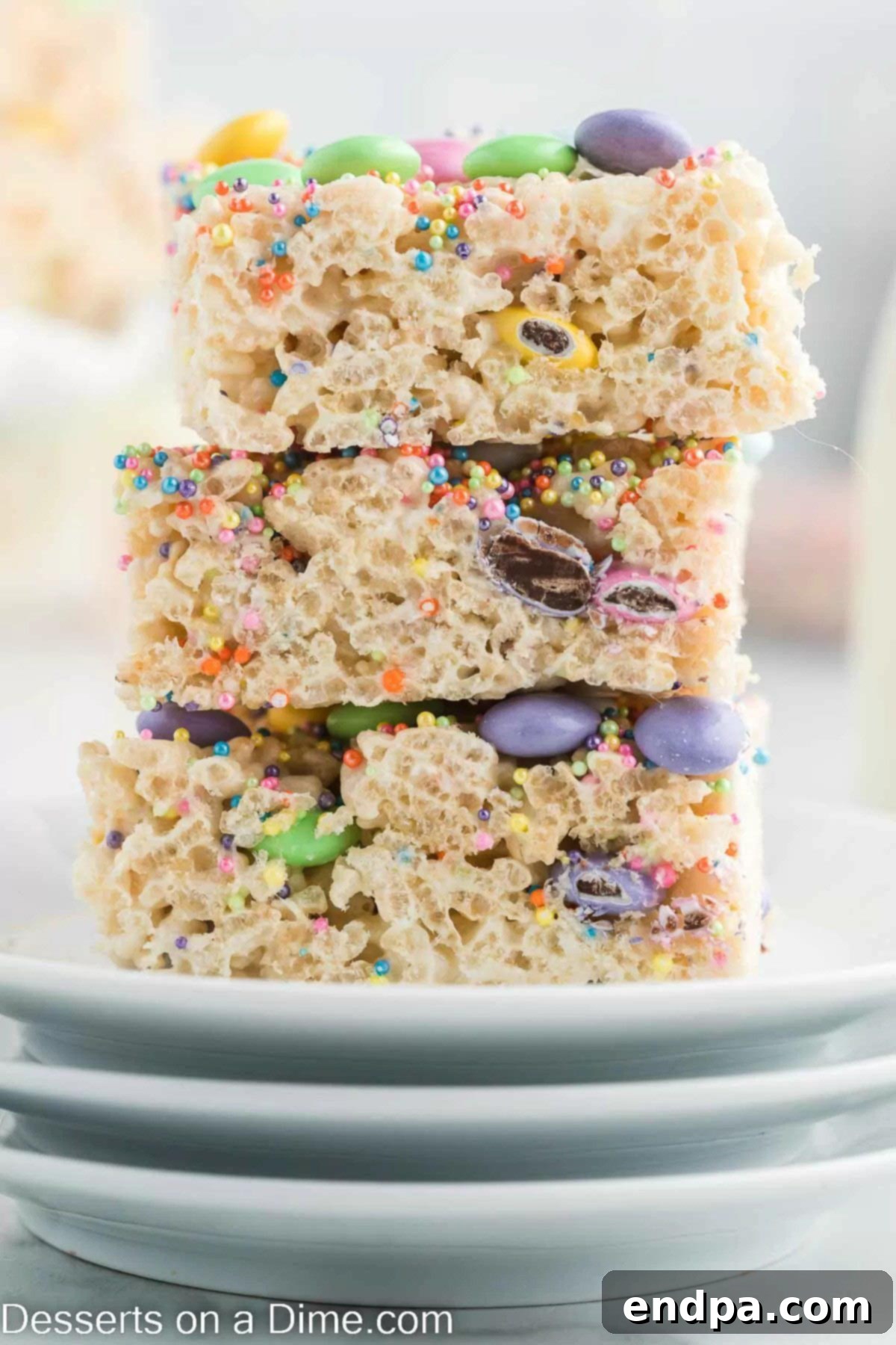 Springtime Krispie Delights 9 Easter Rice Krispie Treats cut into squares, stacked on a plate.