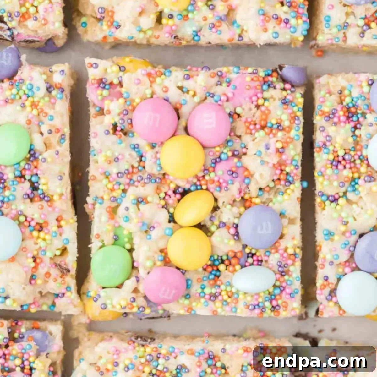 Springtime Krispie Delights 10 Easter Rice Krispie Treats cut into squares.