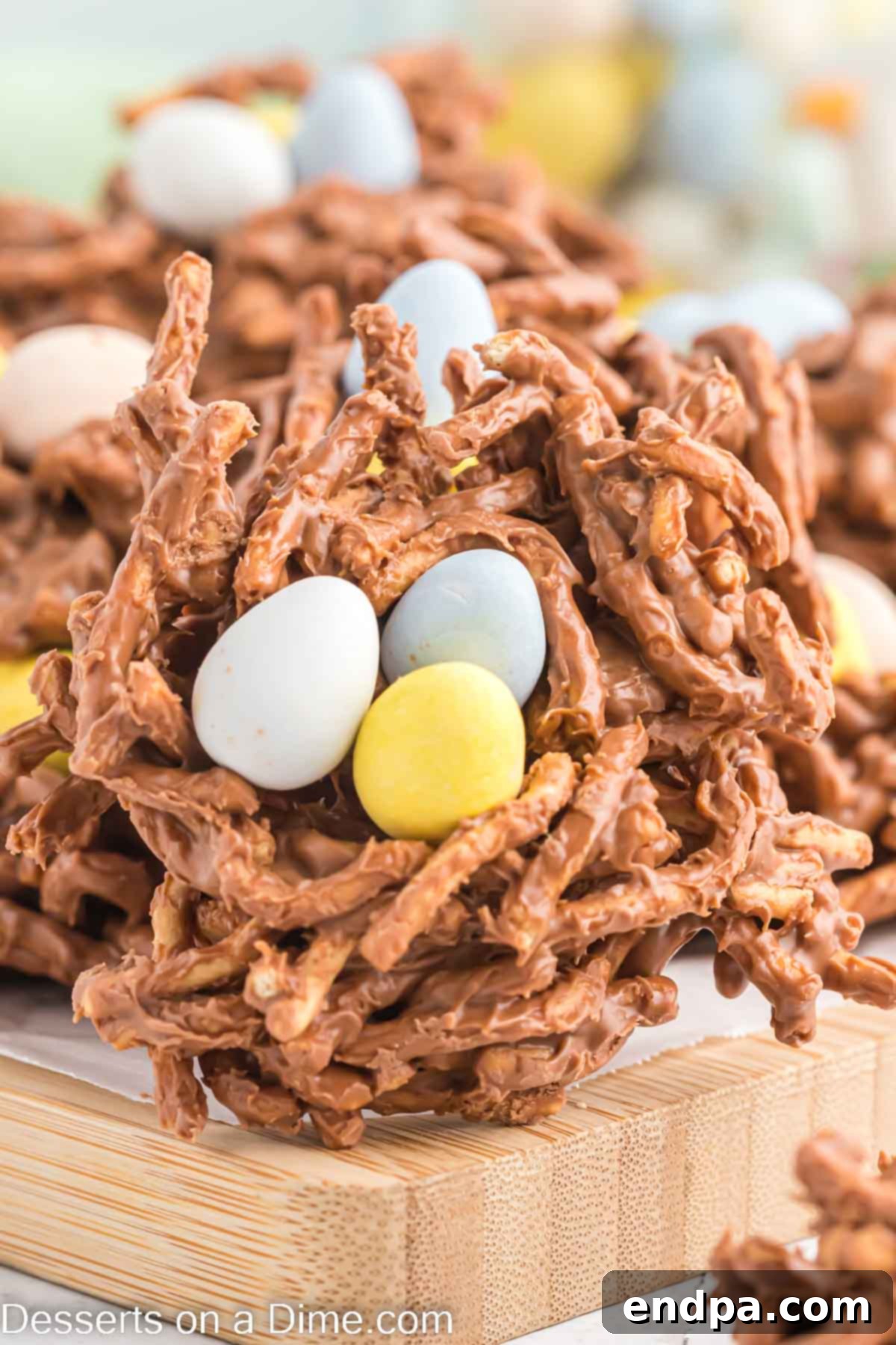 Birds nest cookies on a white platter, decorated for Easter.