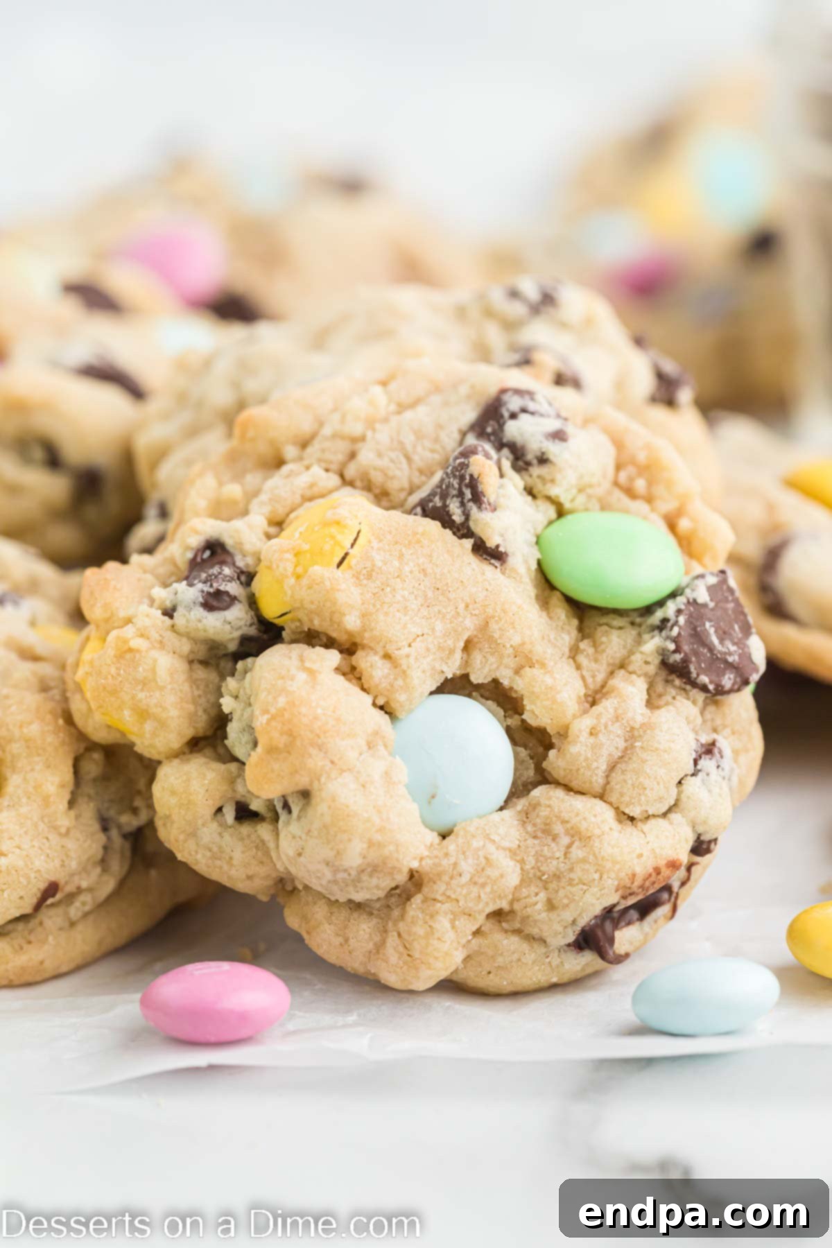 Hoppy Easter Chocolate Chip Cookies 11 A delightful stack of Easter Chocolate Chip Cookies, showcasing their rich chocolate and colorful M&M's, perfect for a holiday treat.