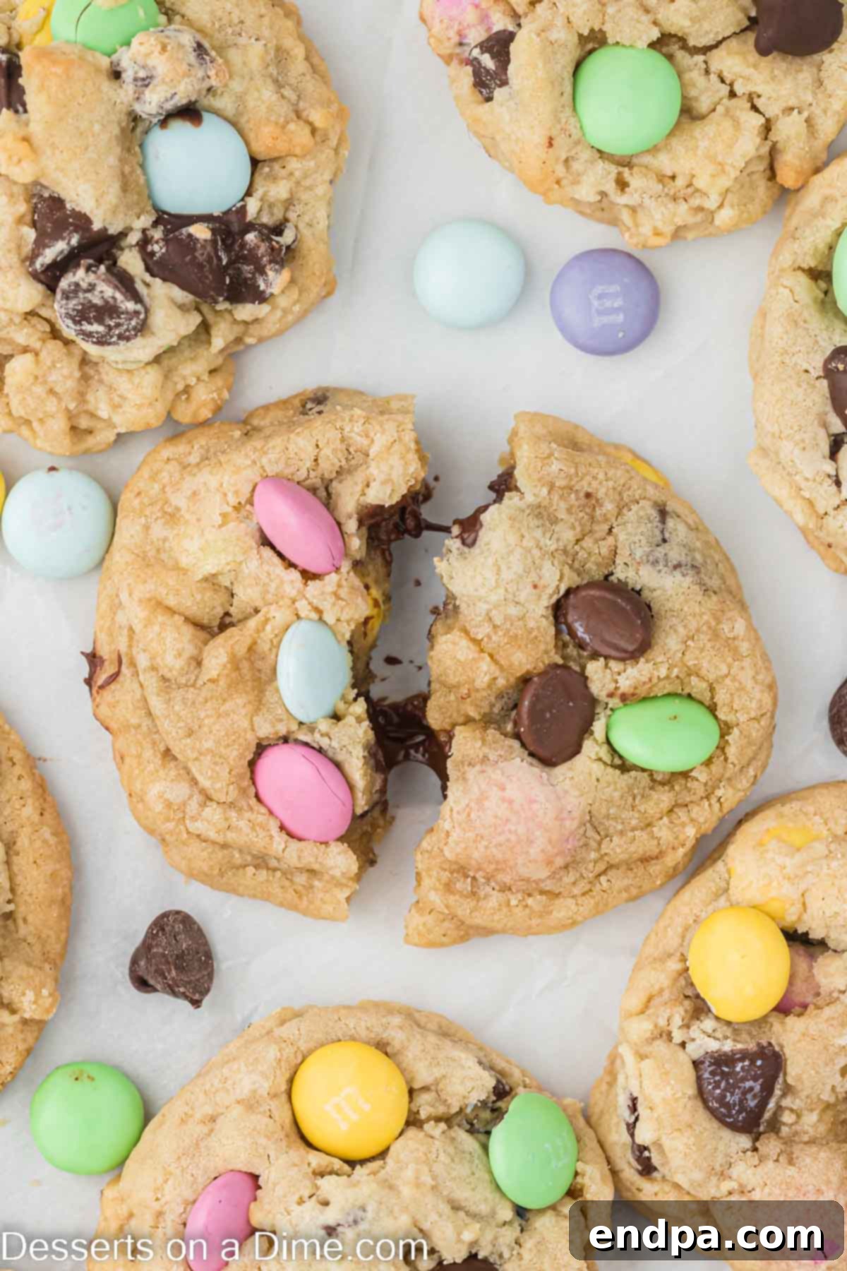 Hoppy Easter Chocolate Chip Cookies 12 An inviting image of a single Easter Chocolate Chip Cookie with vibrant M&M's, hinting at its soft, chewy texture.
