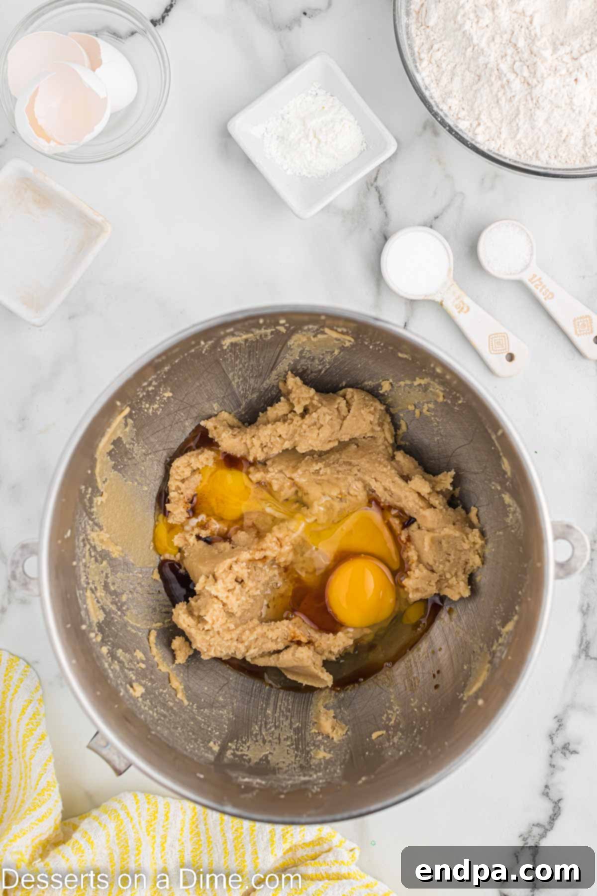 Hoppy Easter Chocolate Chip Cookies 4 A mixing bowl containing softened butter, granulated sugar, and brown sugar, ready to be creamed together.