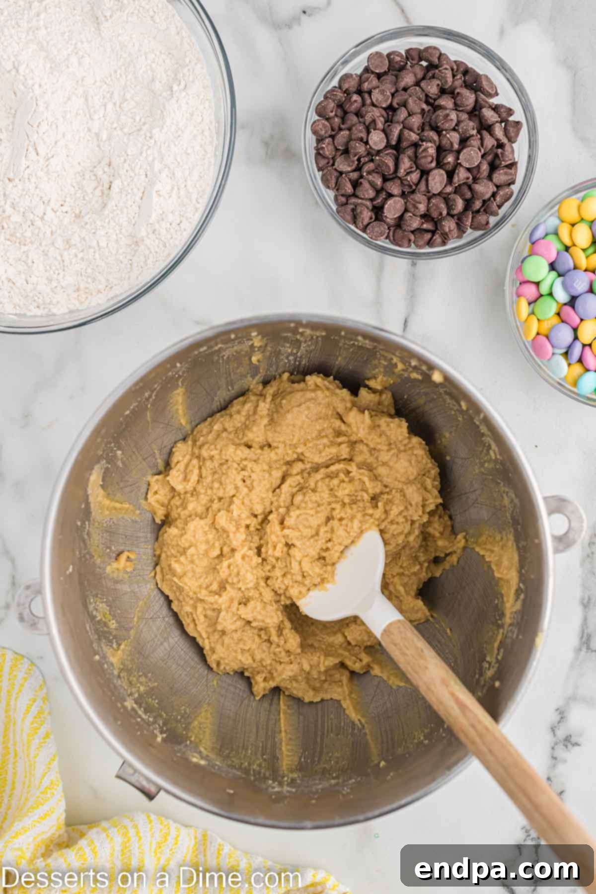 Hoppy Easter Chocolate Chip Cookies 5 Mixing bowl with eggs and vanilla extract freshly added to the creamed butter and sugar mixture.