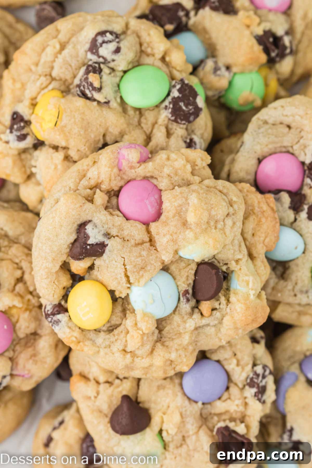 Hoppy Easter Chocolate Chip Cookies 10 A delectable stack of Easter Chocolate Chip Cookies, highlighting their rich chocolate and colorful M&M's, ready for sharing.