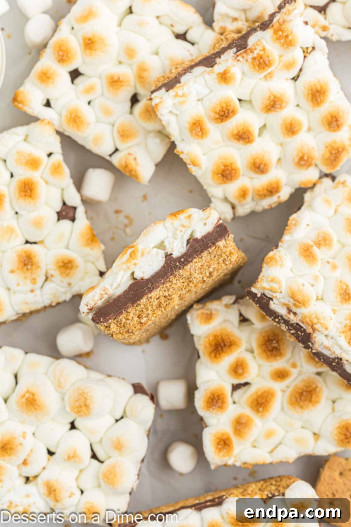 Gooey S'mores Delights 2 S'mores Bars cut and ready to serve, showing gooey marshmallow and melted chocolate.