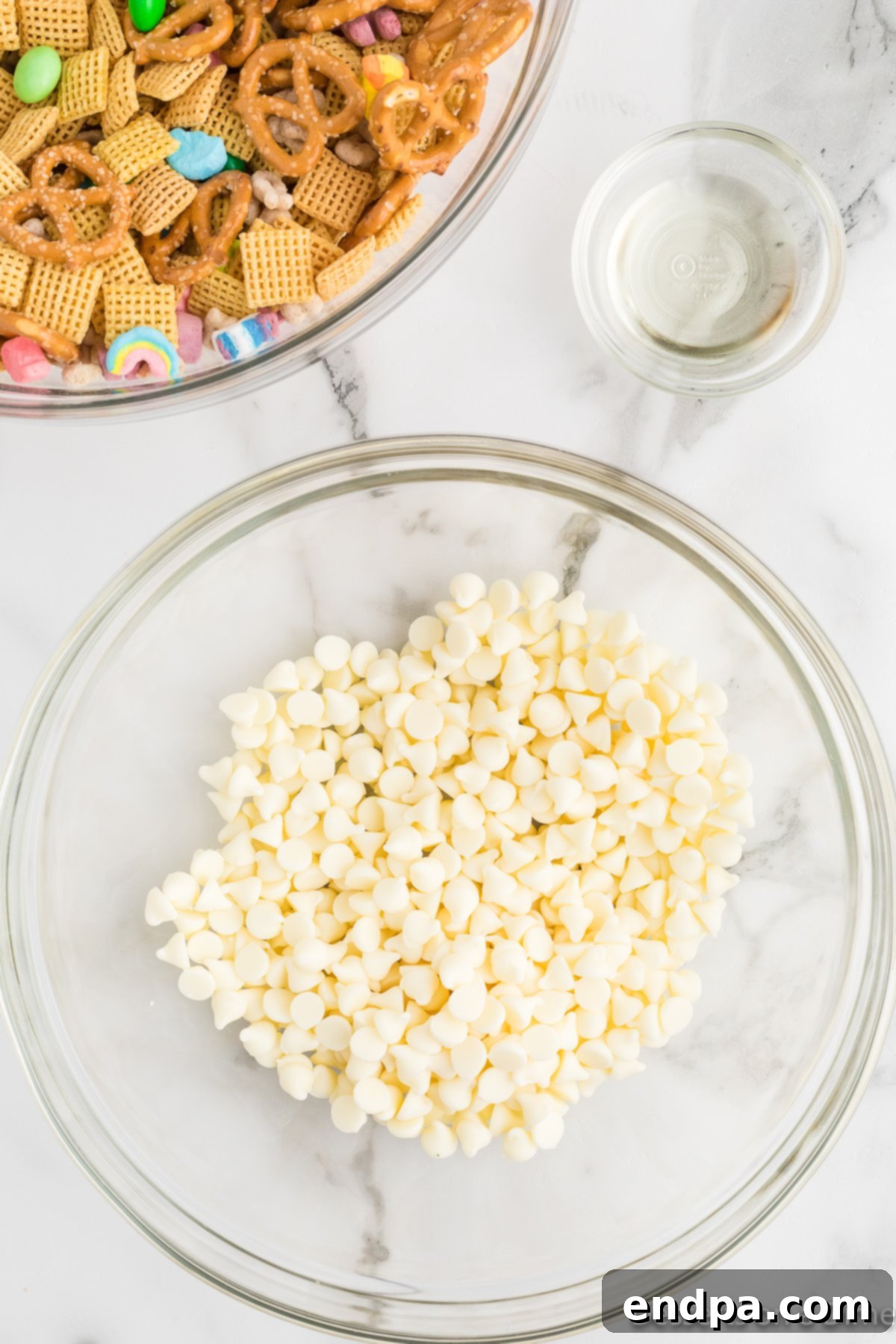 The Leprechaun's Lure 5 White chocolate chips in a microwave-safe bowl, ready for melting.