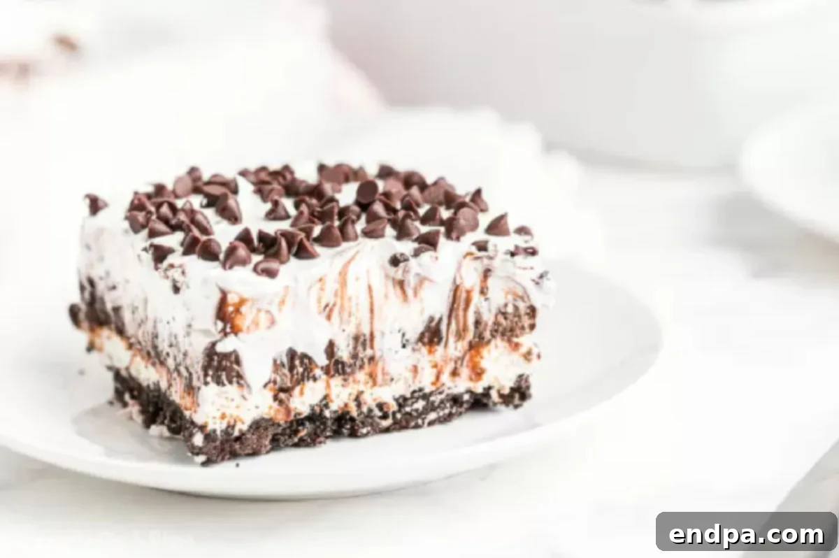 Chocolate lasagna recipe sliced on a plate. 