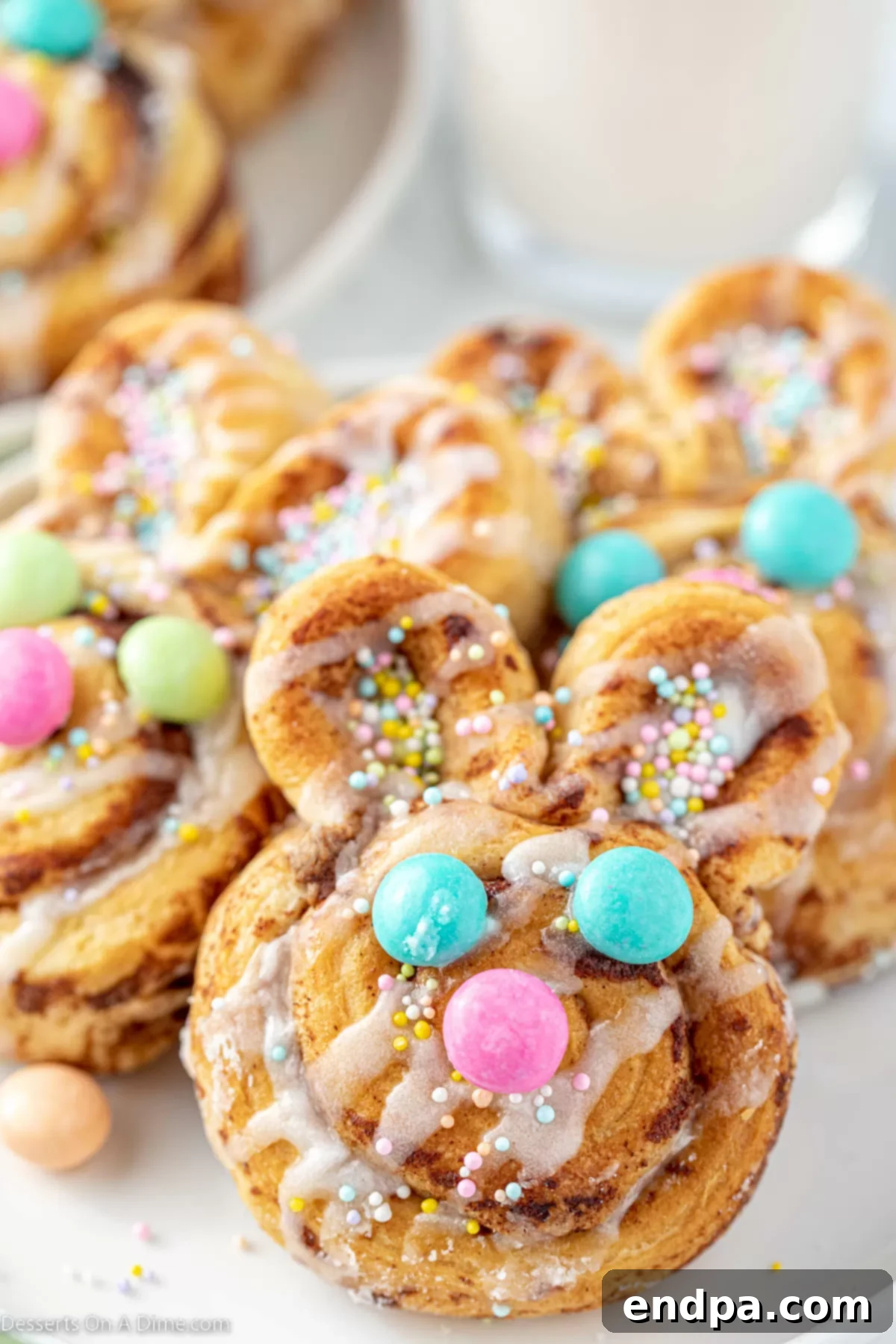 Easter Bunny Cinnamon Rolls on a platter, ready to be served.