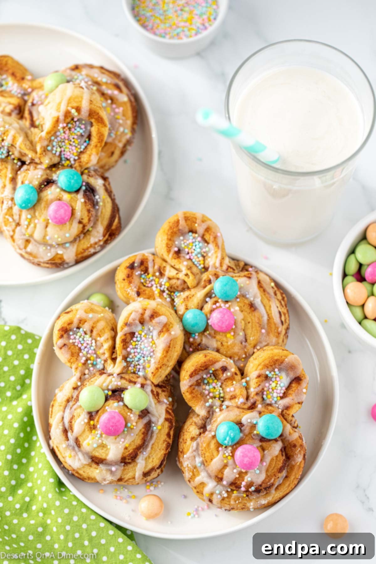 Platter of decorated Easter Bunny Cinnamon Rolls.