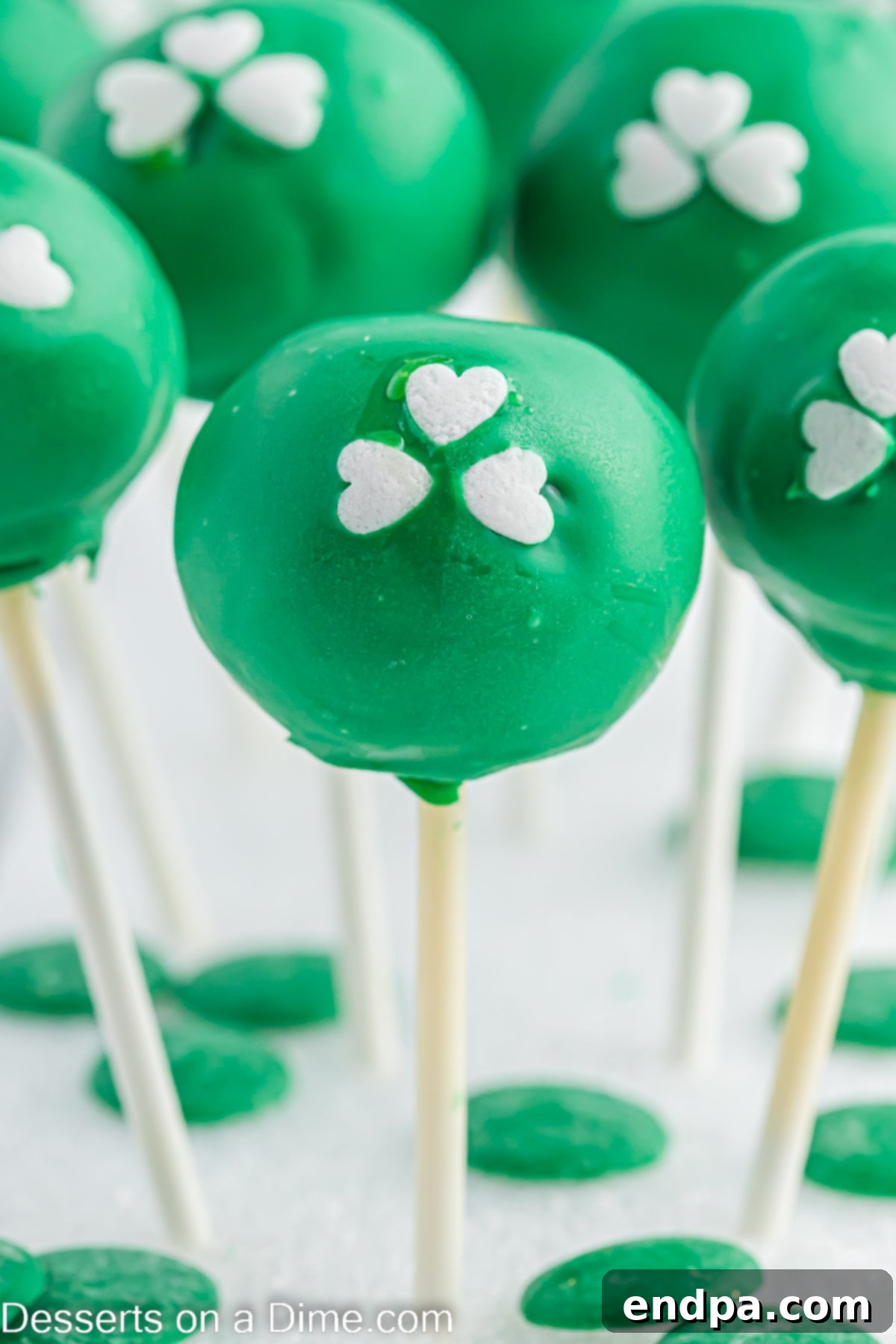 Lucky St Patricks Day Cake Pops 2 St Patrick's Day Cake Pops in a Styrofoam block, ready to be served.